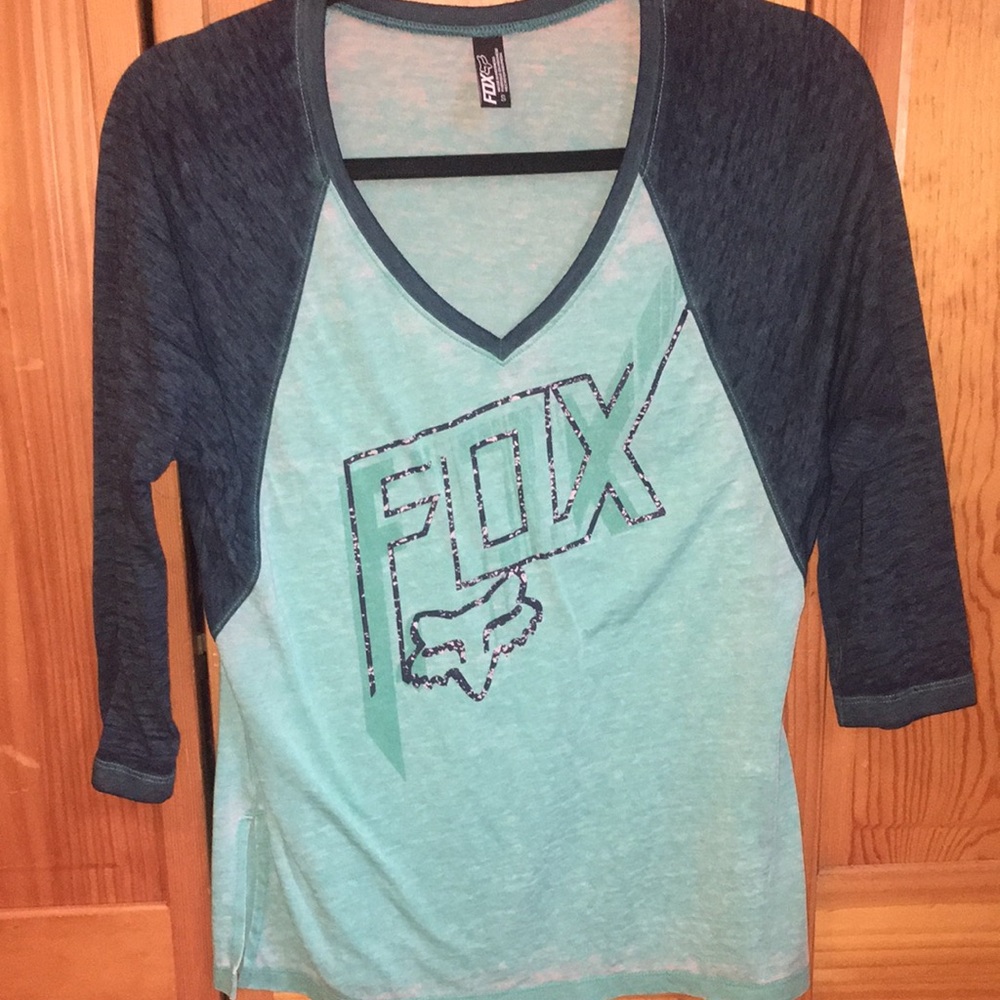 Fox turquoise baseball style quarter sleeve tee